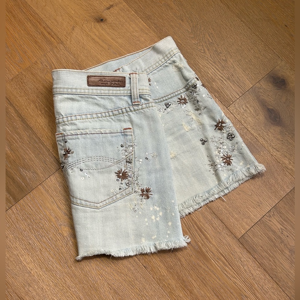 Size 8 Vintage Abercrombie & Fitch jean mini skirt, bedazzled distressed bleach